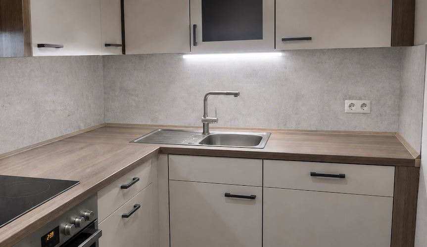 La stessa cucina dopo, con il rivestimento Cemento