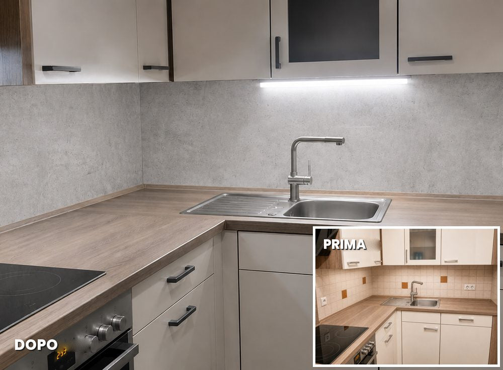 Cucina effetto cemento: paraschizzi piastrellato prima, rivestimento cucina danario dopo