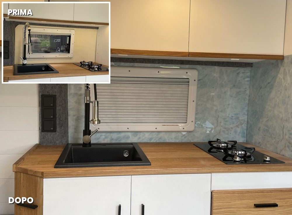 Cucina con motivo Marmo: rivestimento di piastrelle prima, rivestimento cucina danario dopo
