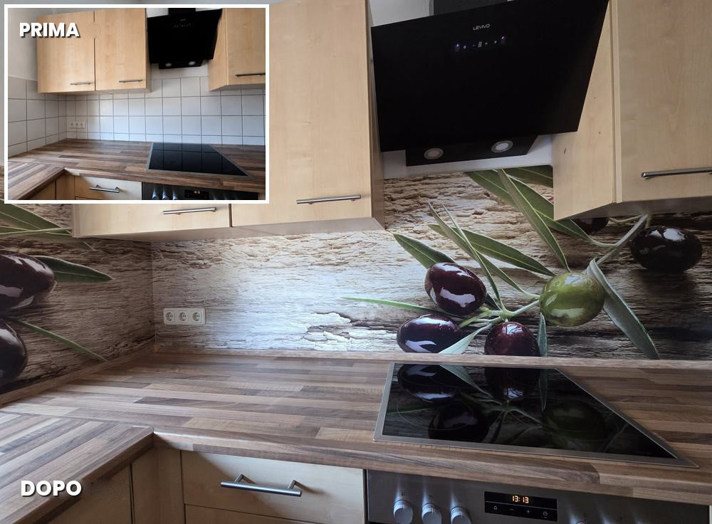Cucina con motivo Olive: vecchie piastrelle prima, rivestimento cucina danario dopo
