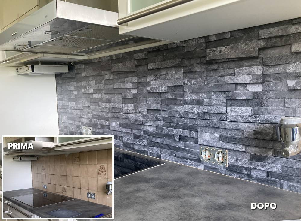 Cucina effetto pietra: piastrelle fantasia prima, rivestimento cucina danario dopo